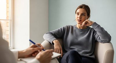 Девушка сидит в кресле напротив врач